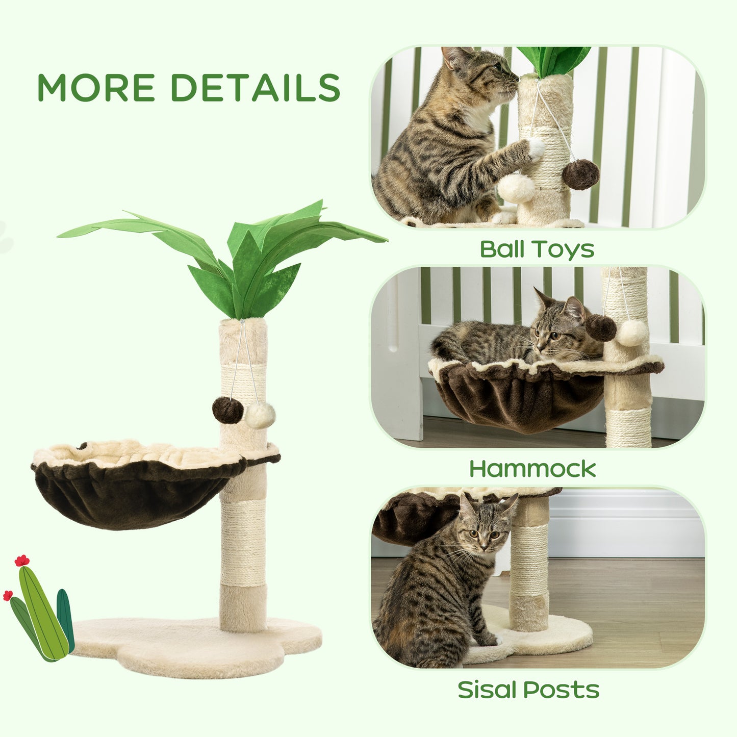 PawHut 68cm Cat Tree, Coconut Tree Shaped Kitty Activity Center with Hammock, Cat Tower with Sisal Scratching Post, Beige