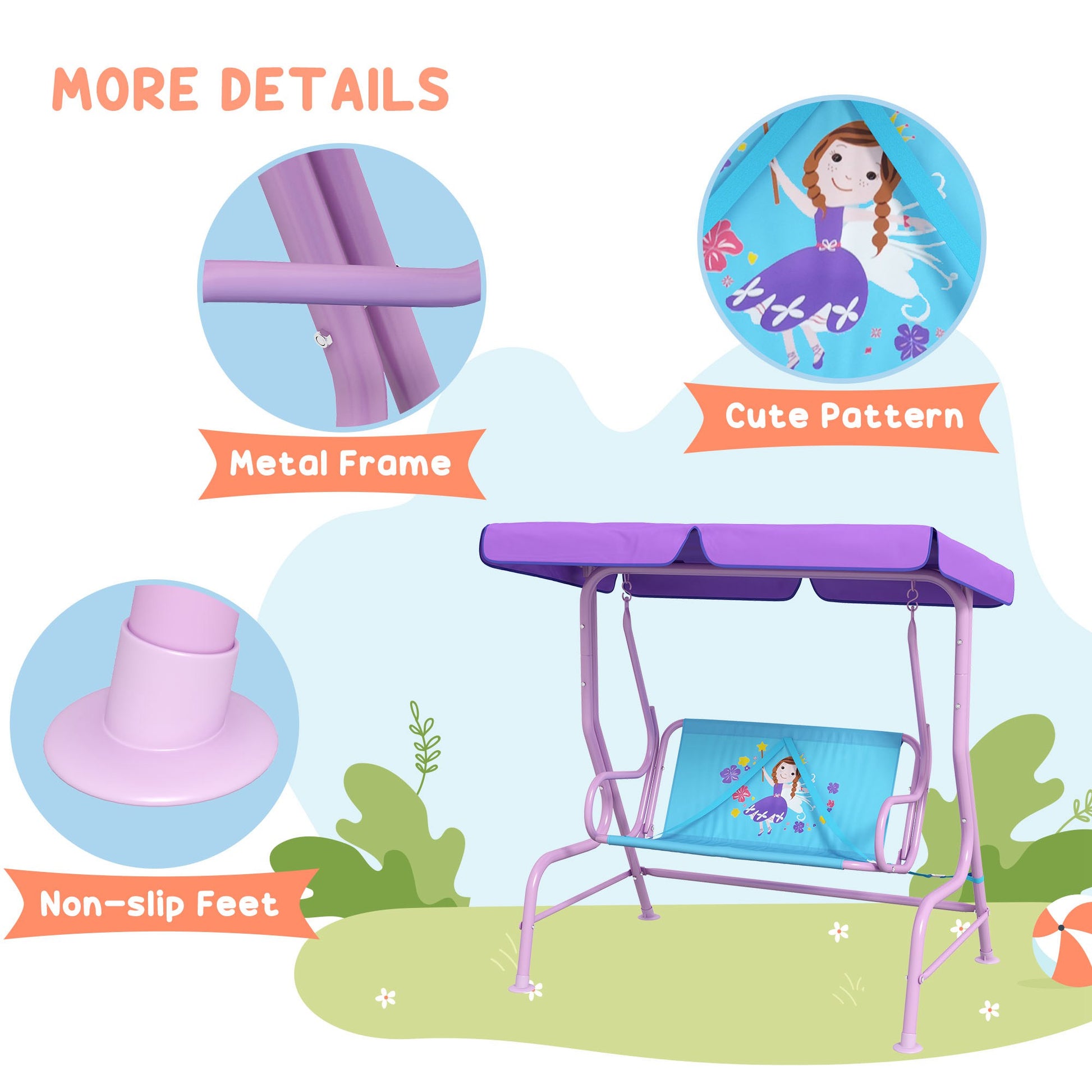 outsunny-2-seater-kids-garden-swing-fairy-themed-kids-swing-chair-with-adjustable-canopy-safety-belts-for-park-porch-poolside