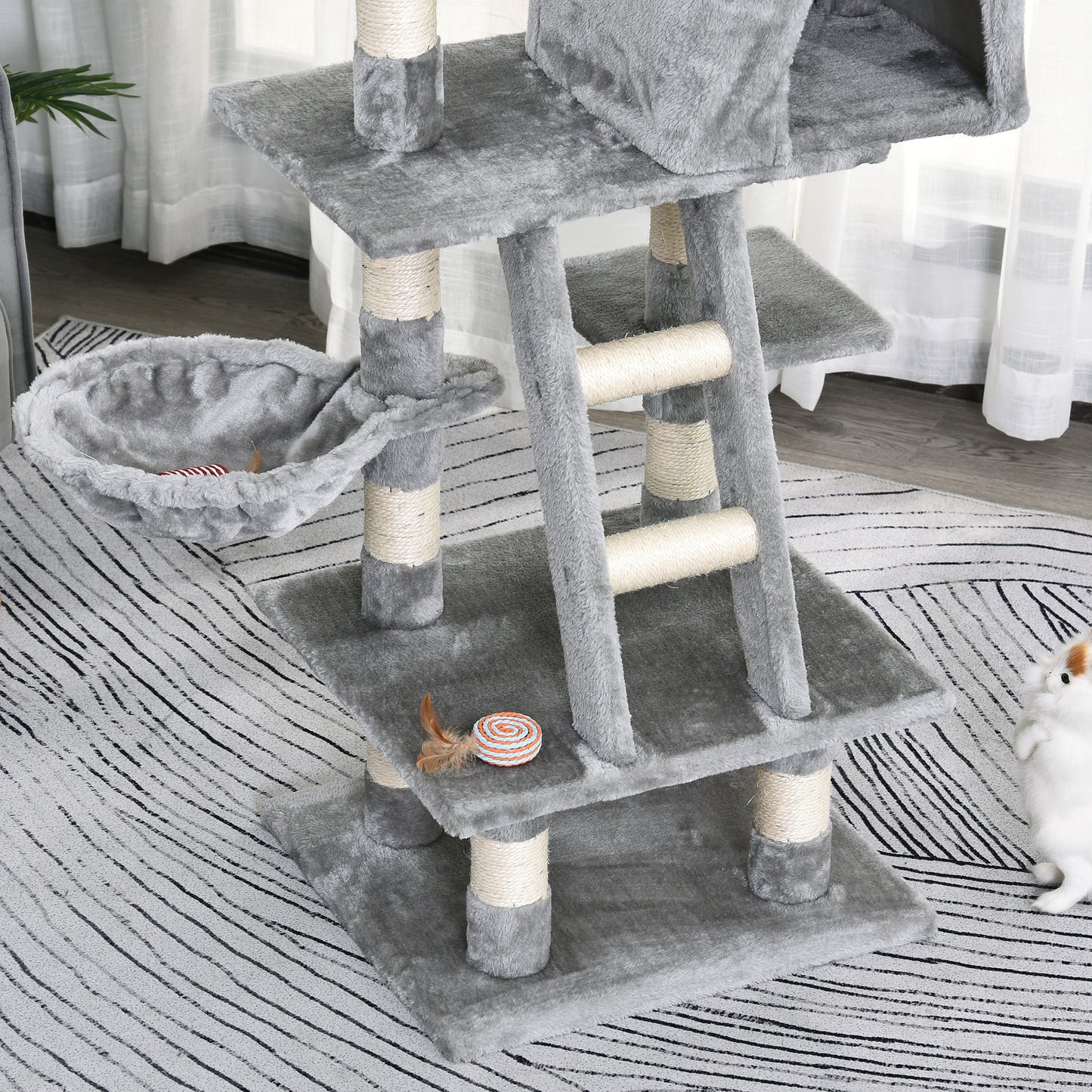 PawHut 1.2m Plush Cat Tree Activity Center with Sisal Scratching Posts Basket Perch Condo, Light Gray