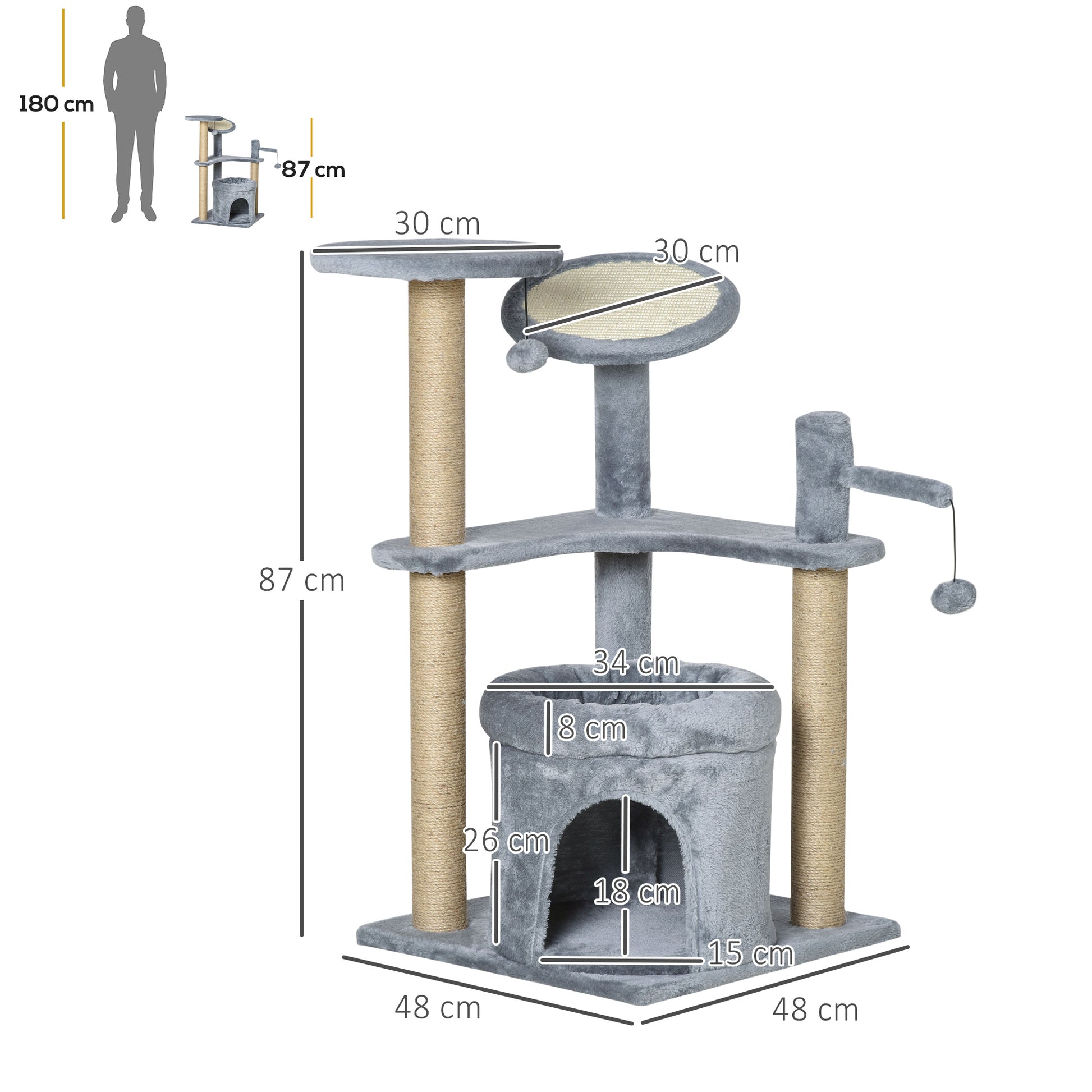 PawHut Cat Tree Tower Kitten Activity Center Scratching Post with Condo Bed Scratcher Perch Ball Toy Grey