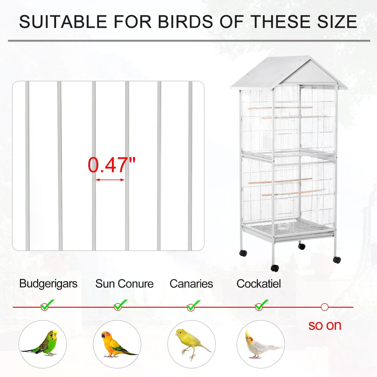 PawHut 170cm Metal Bird Cage Parrot Cage Mobile Feeder with Rolling Stand Perches Food Containers Doors Wheels White