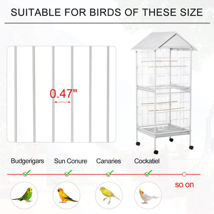 PawHut 170cm Metal Bird Cage Parrot Cage Mobile Feeder with Rolling Stand Perches Food Containers Doors Wheels White