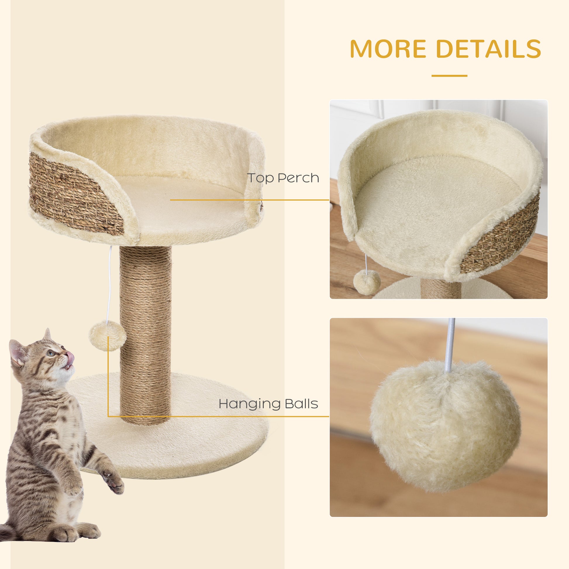 PawHut Basics Cat Tree Tower With Bed and Scratching Post,Cat Scratching Post Activity Center Kitten House with Dangling Ball Perch, Beige