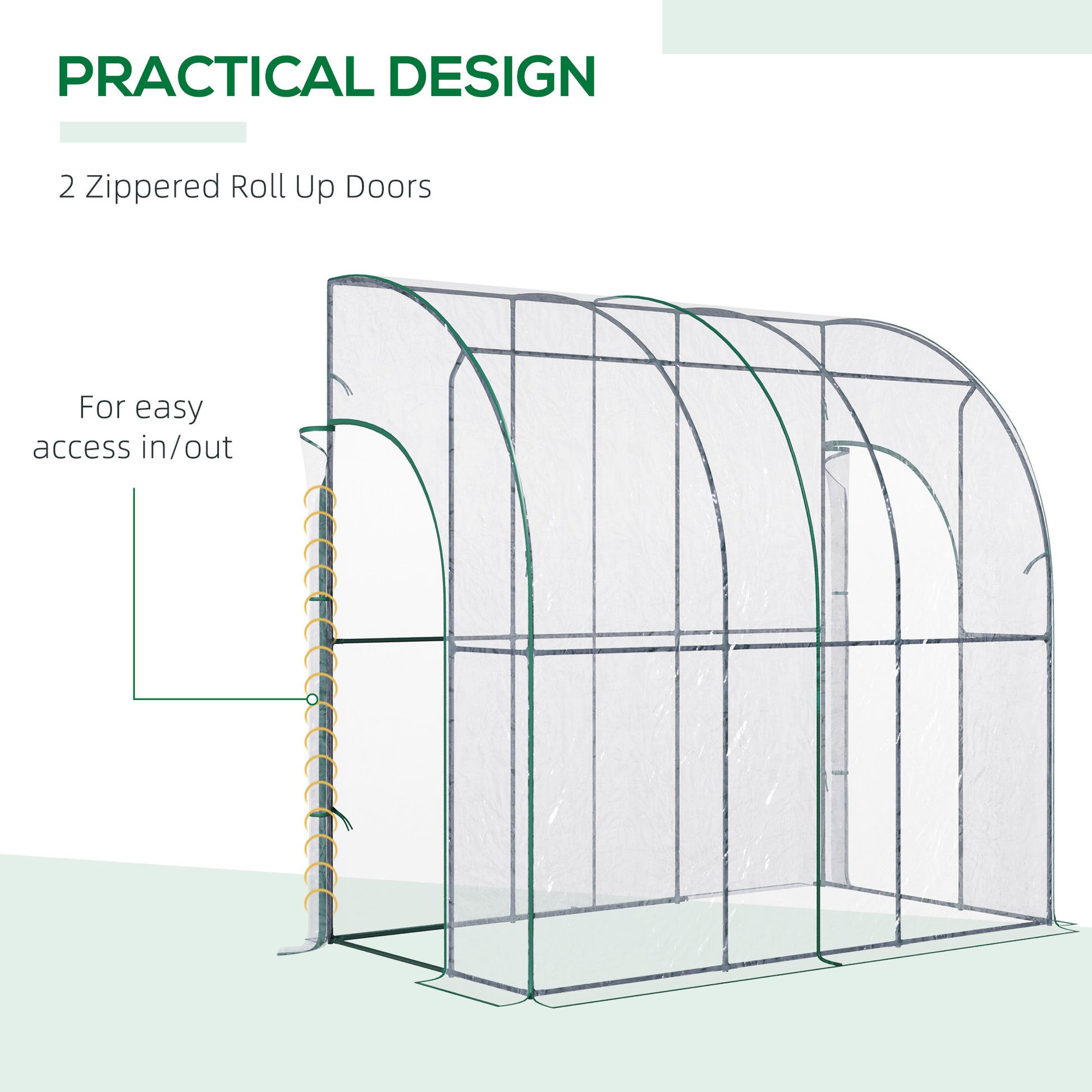 outsunny-outdoor-walk-in-lean-to-wall-tunnel-greenhouse-with-zippered-roll-up-door-pvc-cover-sloping-top-clear-green-214cm-x-118cm-x-212cm