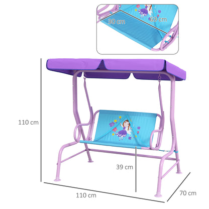 outsunny-2-seater-kids-garden-swing-fairy-themed-kids-swing-chair-with-adjustable-canopy-safety-belts-for-park-porch-poolside