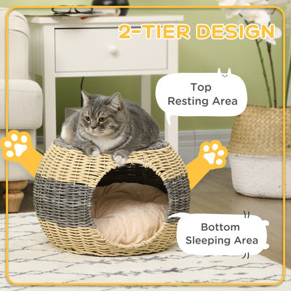 PawHut Wicker Cat House, Rattan Raised Cat Bed, Cosy Kitten Cave with Soft Washable Cushion, ?40 x 30cm