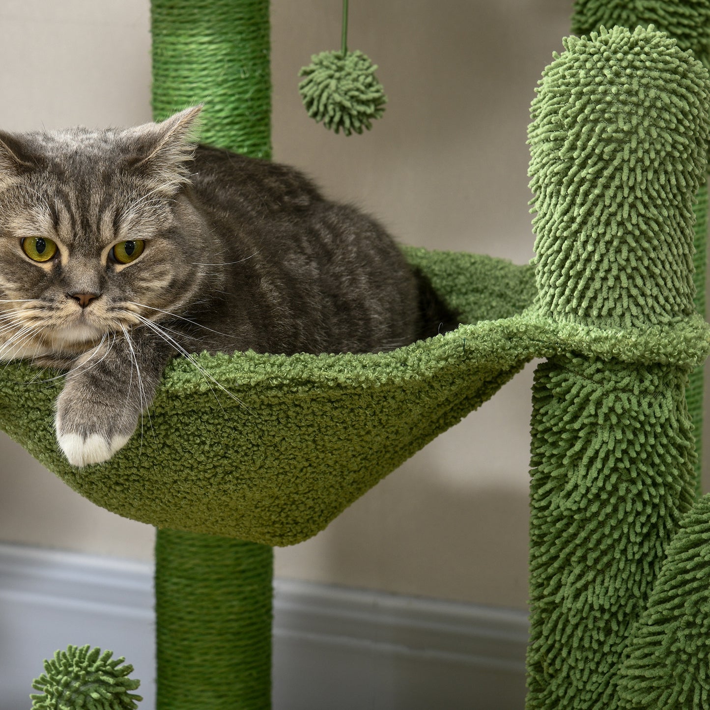 PawHut 82cm Chenille Cactus Cat Tree with Scratching Post, Hammock, Green