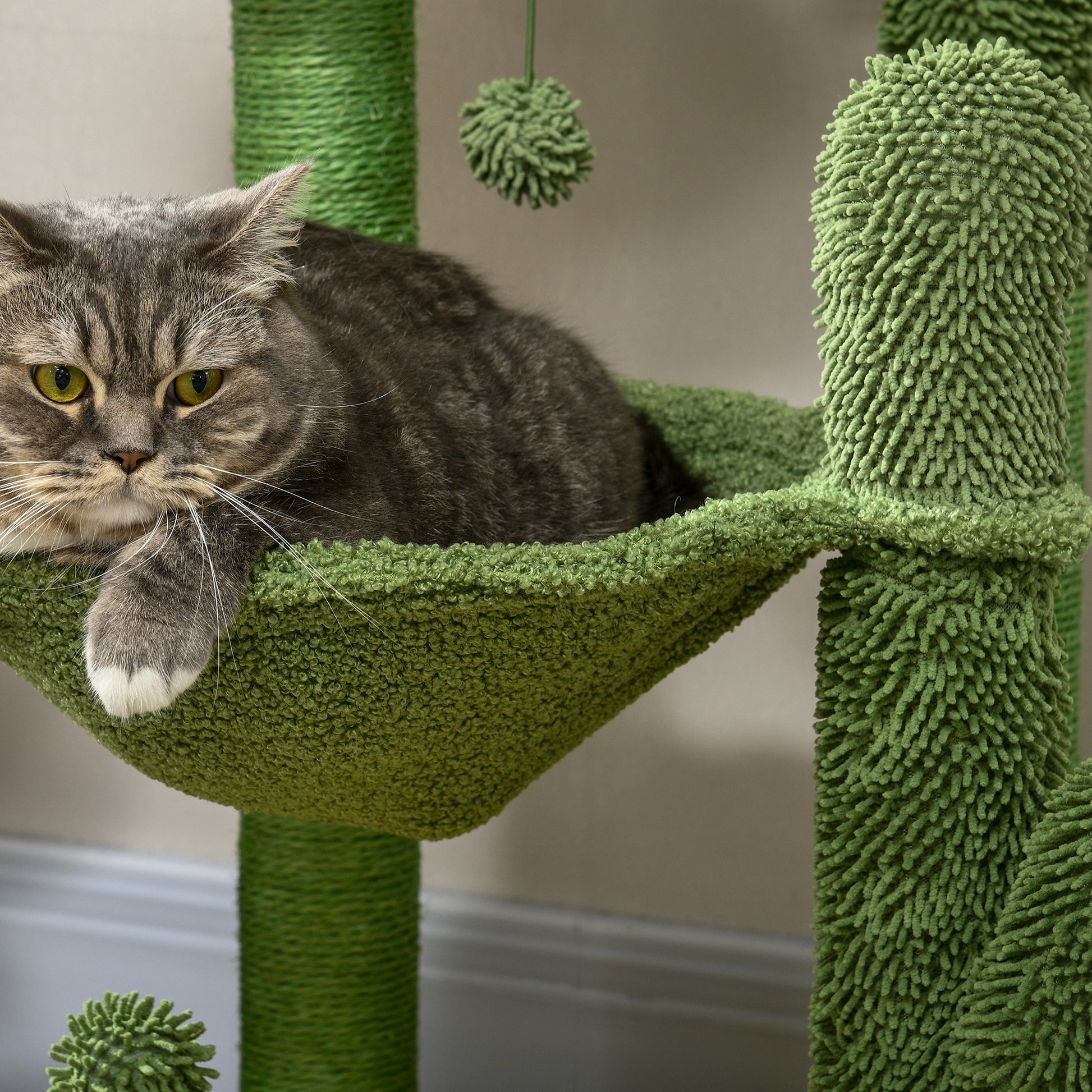 PawHut 82cm Chenille Cactus Cat Tree with Scratching Post, Hammock, Green