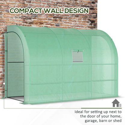 outsunny-walk-in-lean-to-wall-greenhouse-with-windows-and-doors-2-tiers-6-wired-shelves-300l-x-150w-x-215hcm-green