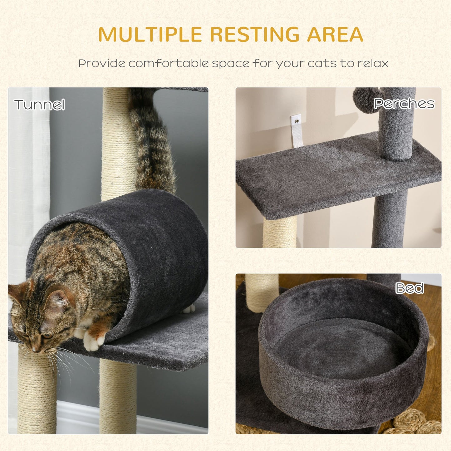 PawHut 121cm Cat Tree Tower for Indoor Cats Kitten Activity Center Scratching Post with Bed Tunnel Perch Interactive Ball Toy, Grey