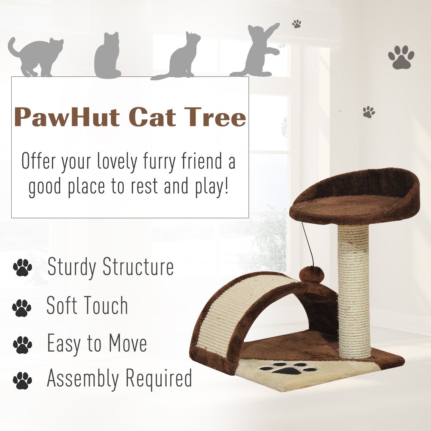 PawHut Cat Scratching Post for Indoor Cats, Cat Tree Scratching Scratcher Post Kitten Activity Centre Climber Hanging Ball Brown