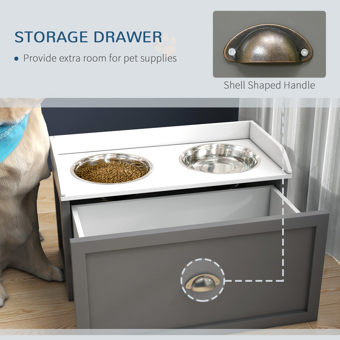 PawHut Stainless Steel Raised Dog Bowls, with 21L Storage Drawer for Large Dogs, Grey