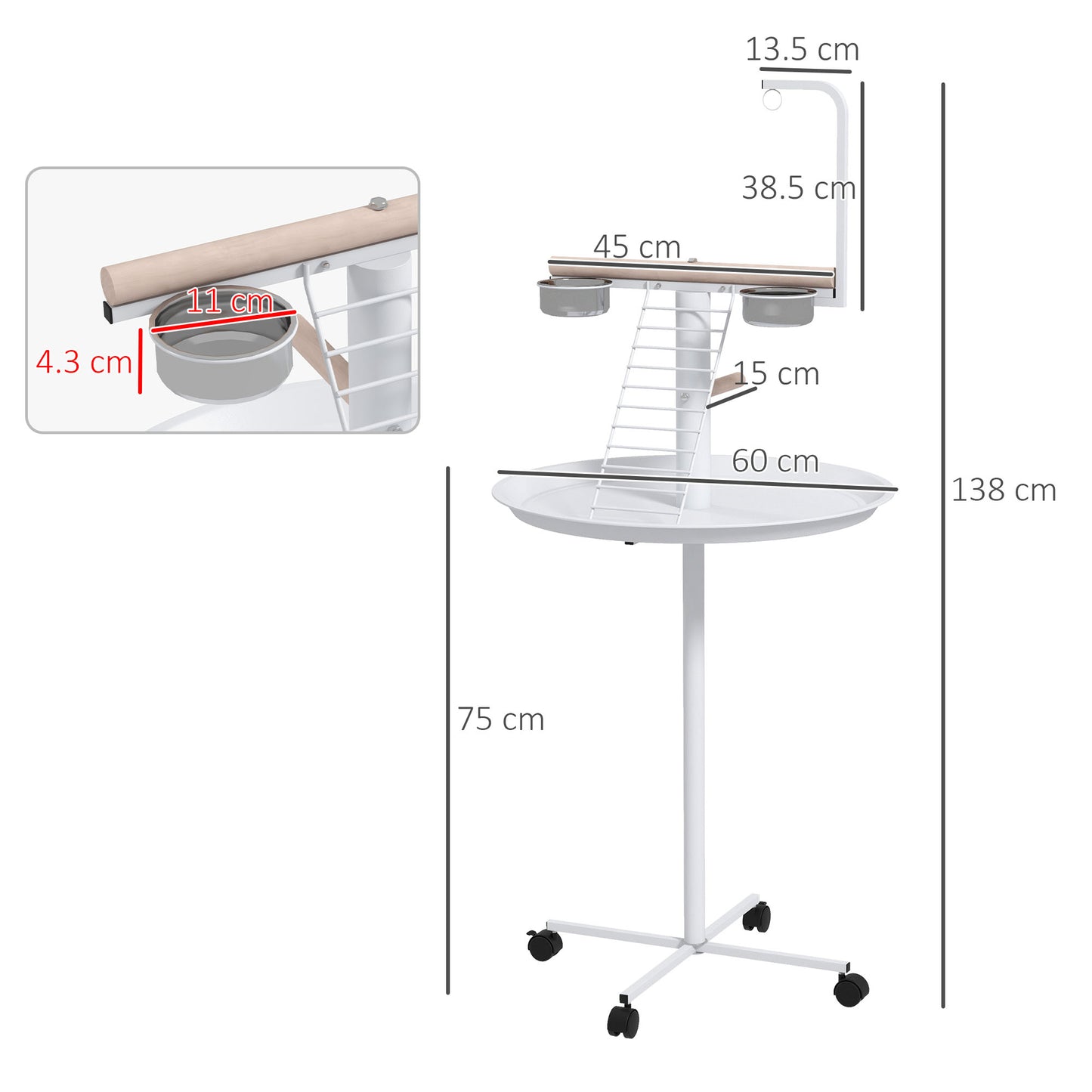 PawHut Bird Stand with Four Wheels, Perches, Stainless Steel Feed Bows, Round Tray, for Garden, Indoor, Outdoor - White