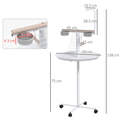 PawHut Bird Stand with Four Wheels, Perches, Stainless Steel Feed Bows, Round Tray, for Garden, Indoor, Outdoor - White