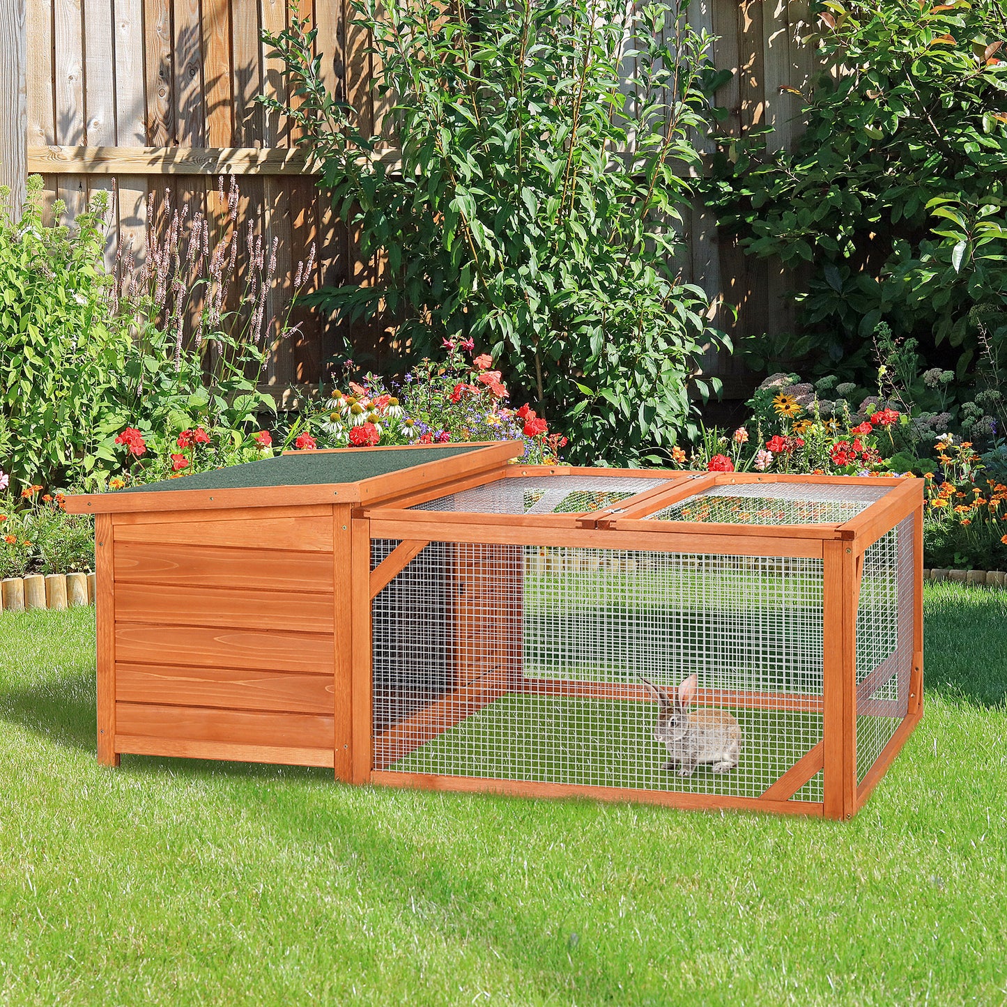 PawHut Rabbit Hutch Small Animal Guinea Pig House Off-ground Ferret Bunny Cage Backyard with Openable Main House & Run Roof 125.5 x 100 x 49cm Orange