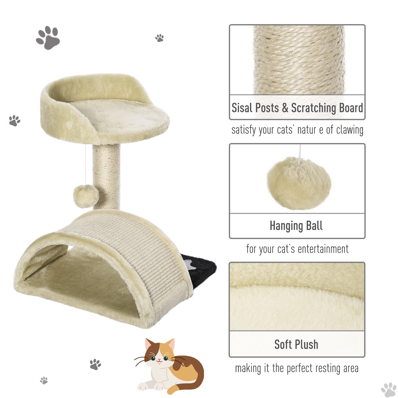 PawHut Cat Tree Cat Scratching Post Scratching Scratcher Post Kitten Activity Centre Climber Hanging Ball Beige