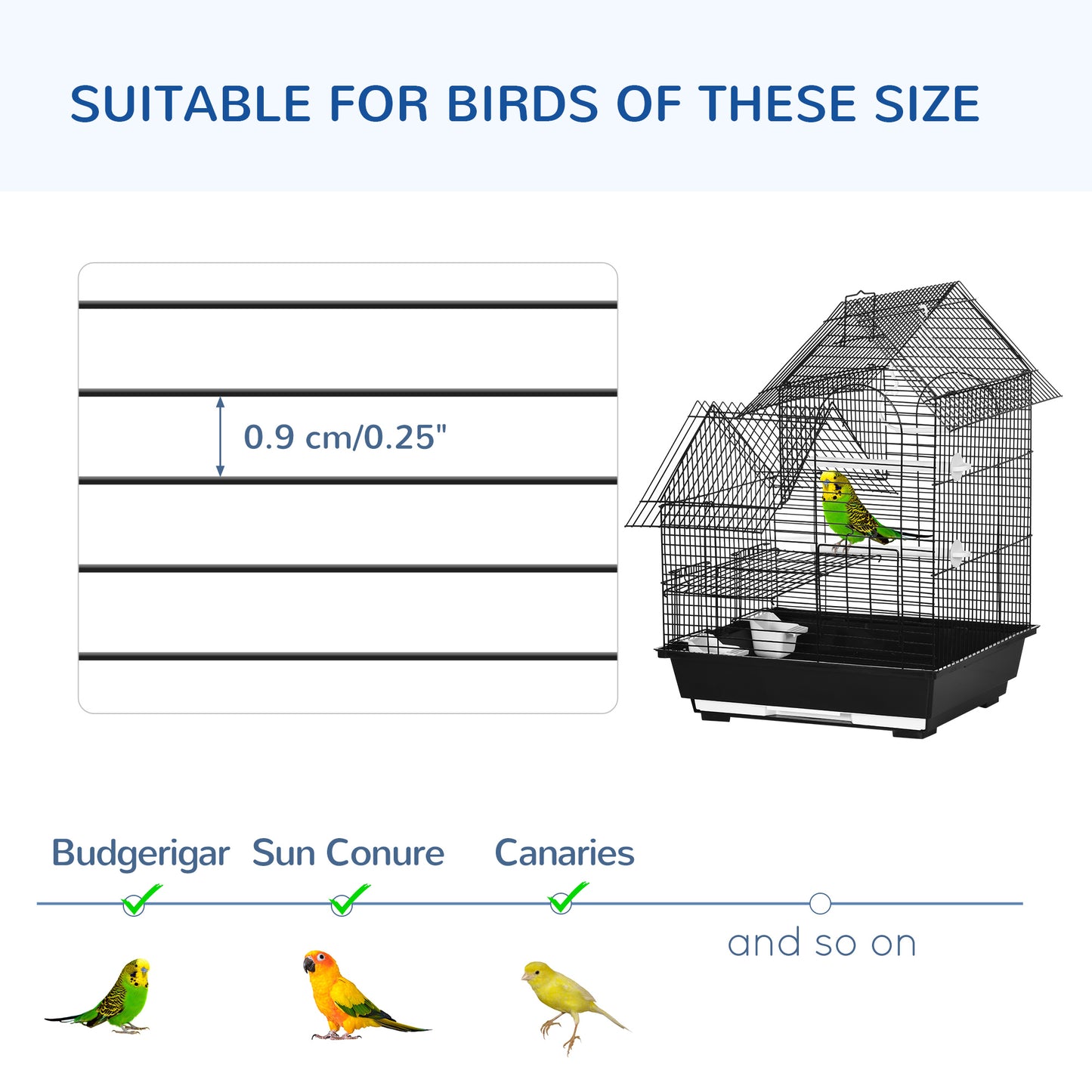 PawHut Metal Bird Cage with Stand for Parrot Cockatiel Budgie Finch Canary Food Containers Swing Ring Tray Handle Small Black 39 x 33 x 47 cm