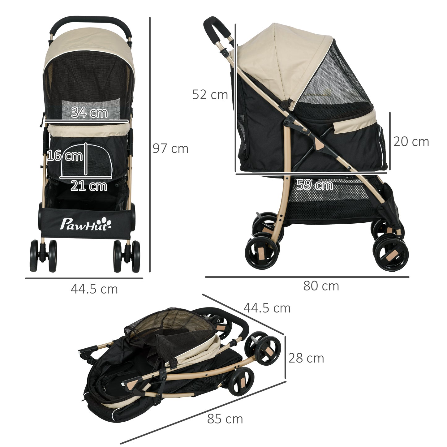 PawHut Oxfoad Pet Stroller for Small Minature Dogs with Rain Cover Dark Khaki