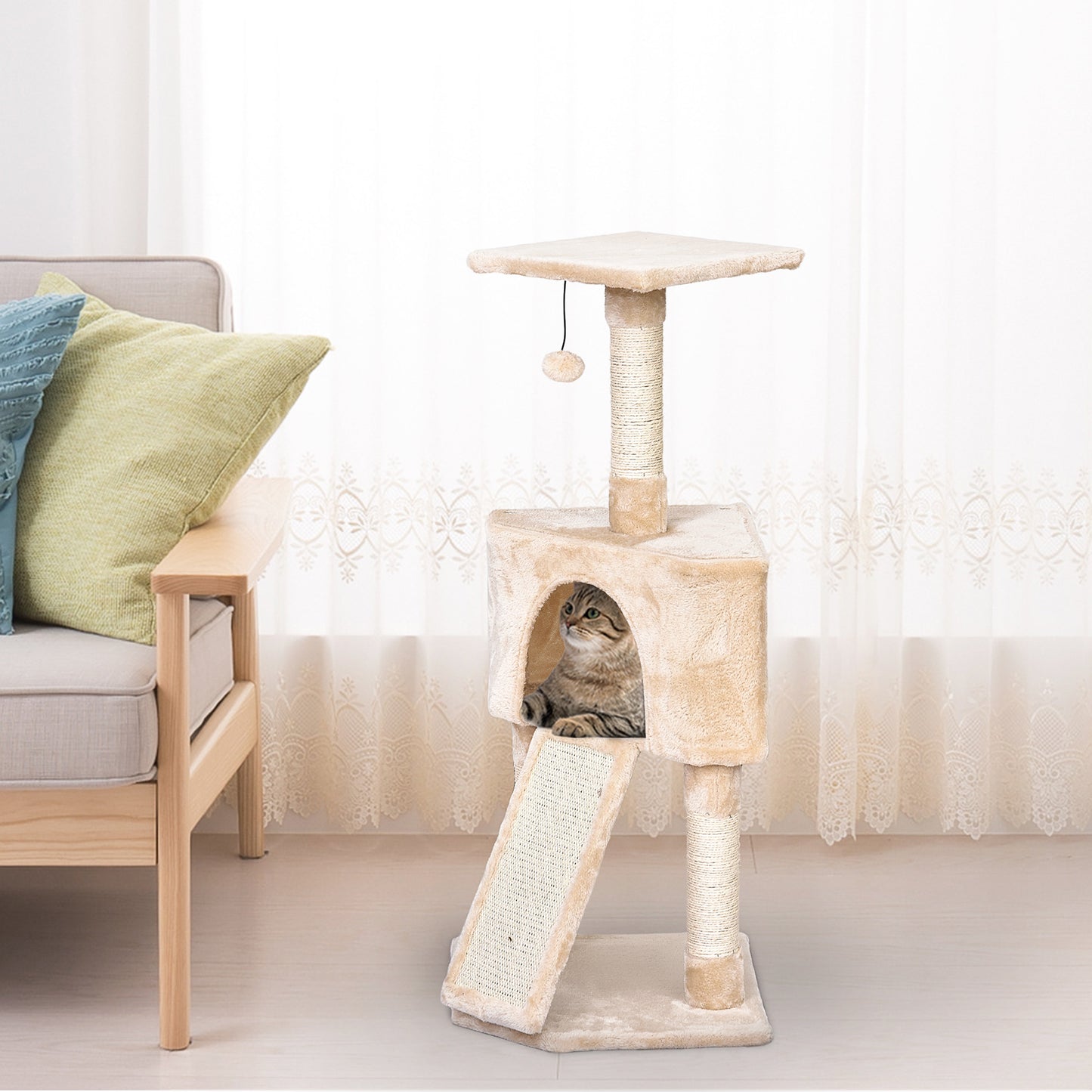 PawHut Cats 3-Tier Sisal Rope Scratching Post w/ Dangle Toy Beige