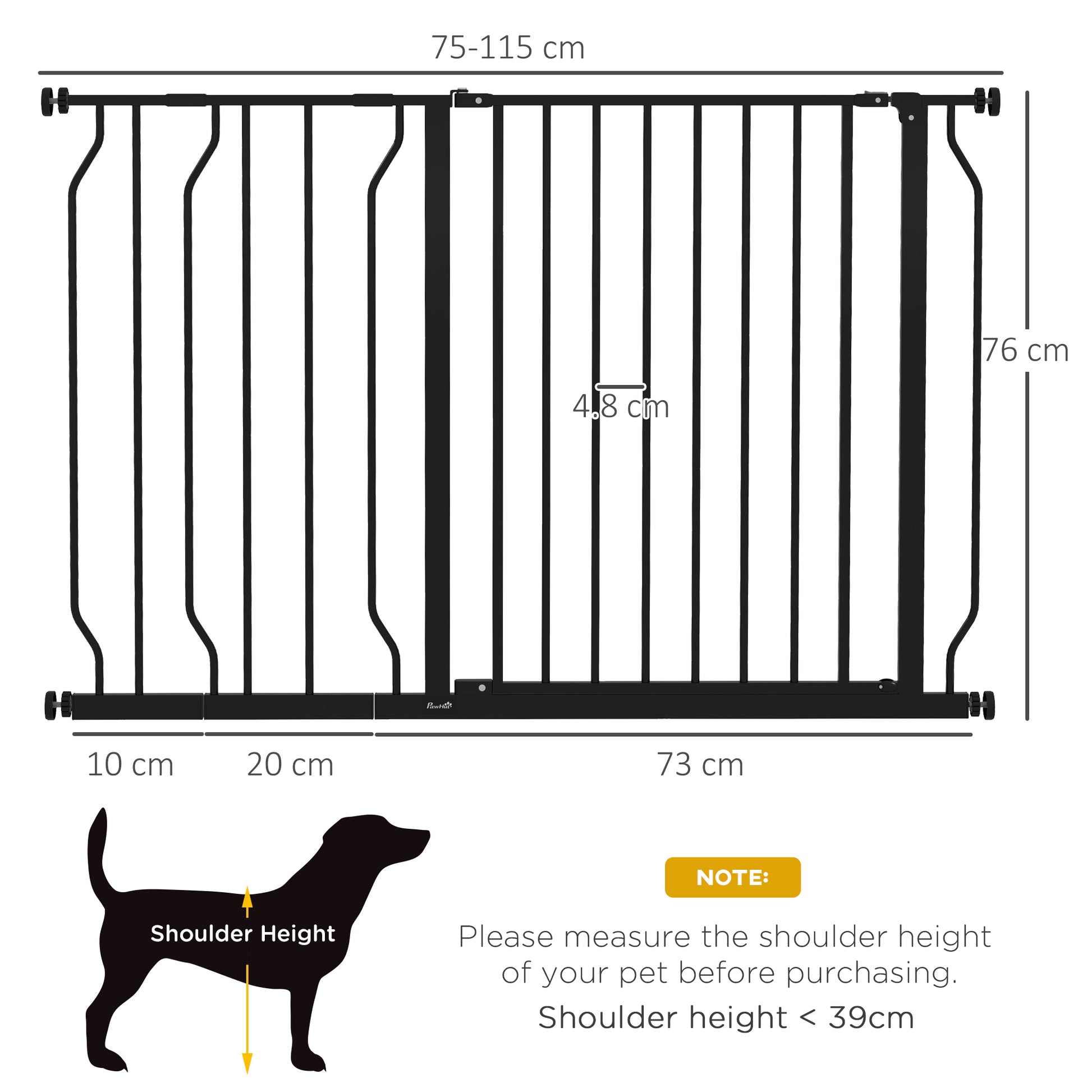 PawHut Expandable Dog Gate with Door pressure,75-115cm Doorway Pet Barrier Fence for Hallways, Staircases, Black