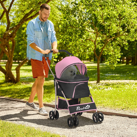 PawHut Detachable Pet Stroller, 3-In-1 Dog Cat Travel Carriage, Foldable Carrying Bag with Universal Wheel Brake Canopy Basket Storage Bag, Pink