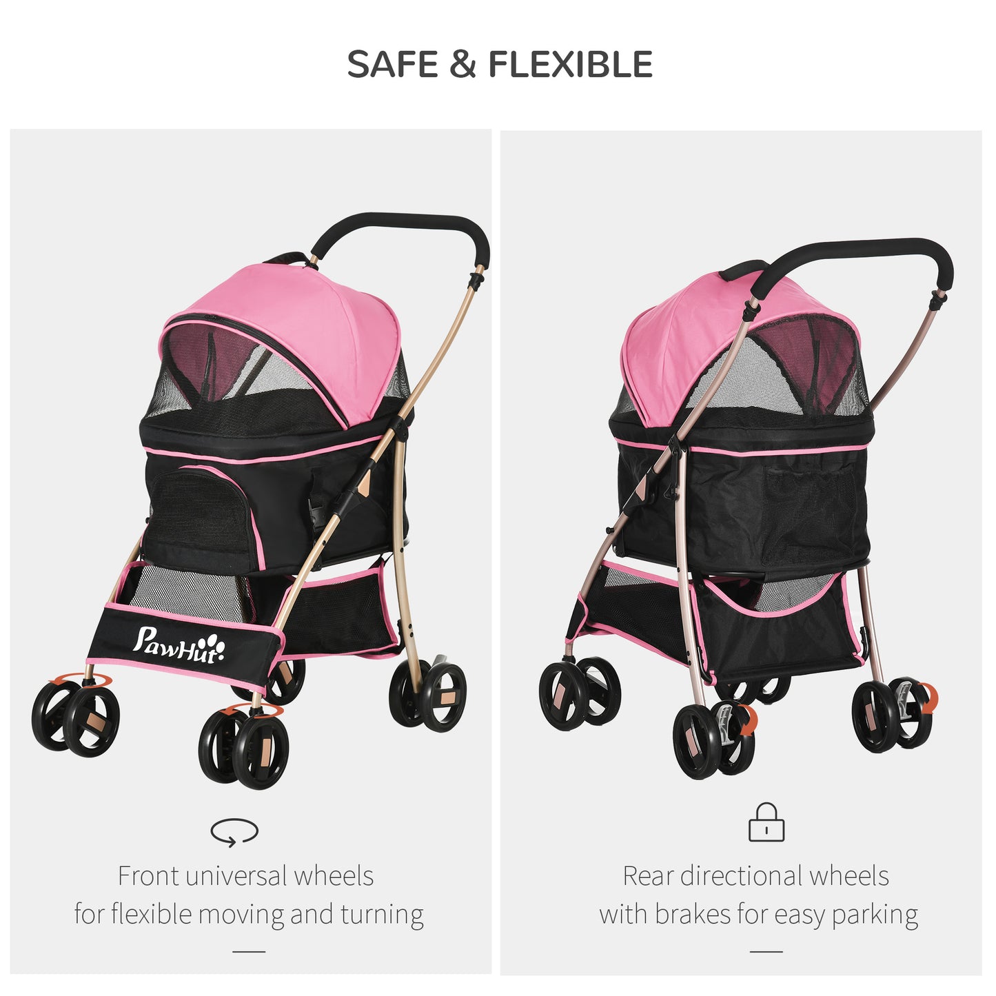 PawHut Detachable Pet Stroller, 3-In-1 Dog Cat Travel Carriage, Foldable Carrying Bag with Universal Wheel Brake Canopy Basket Storage Bag, Pink