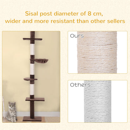 PawHut 5-Tier Floor to Ceiling Cat Tree, Tall Kitty Tower Climbing Activity Center Scratching Post Adjustable Height 230-260cm, Brown