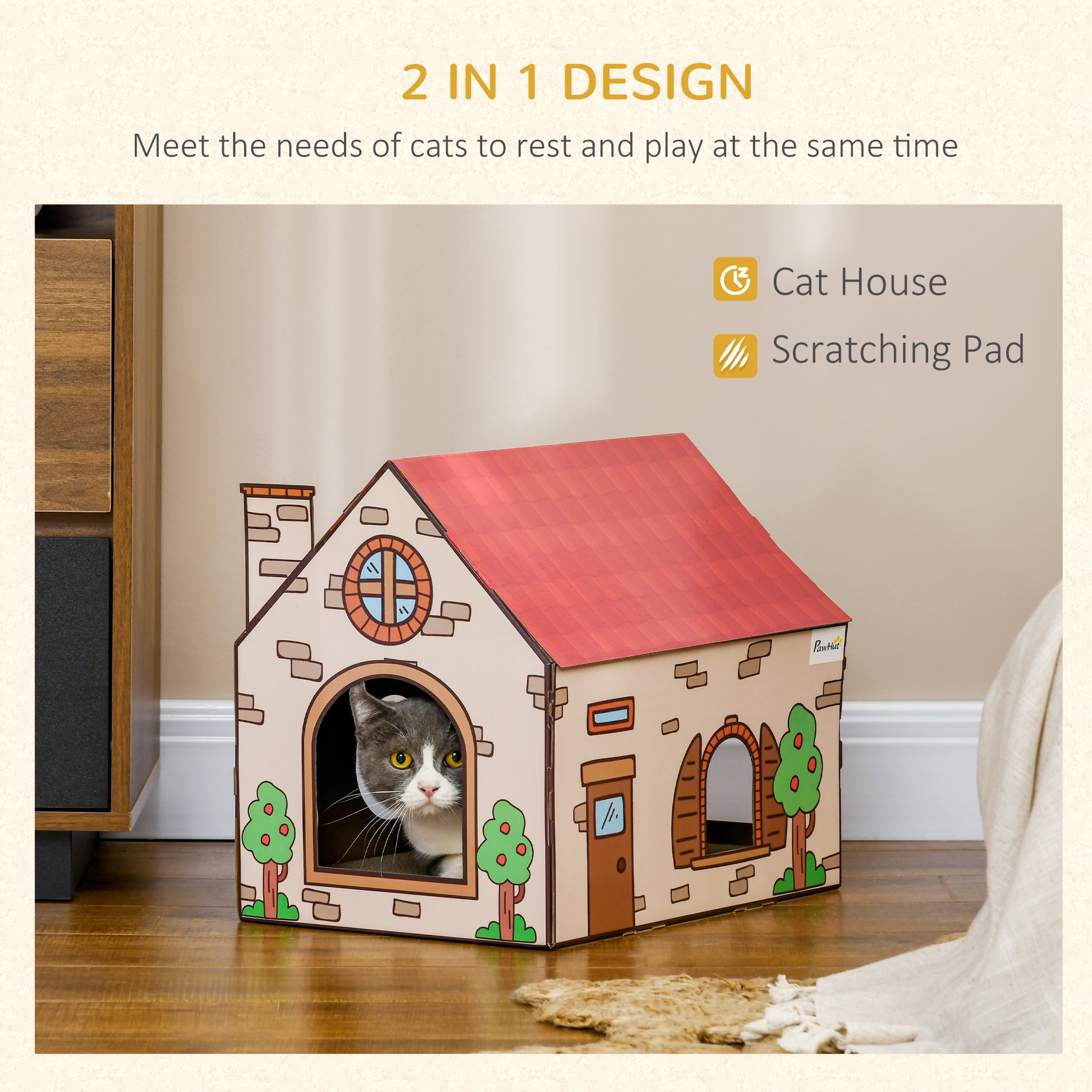 PawHut Two-In-One Cat House, Cat Scratching Board with Scratcher, Catnip, Cat Cardboard Scratcher for Indoor Cats