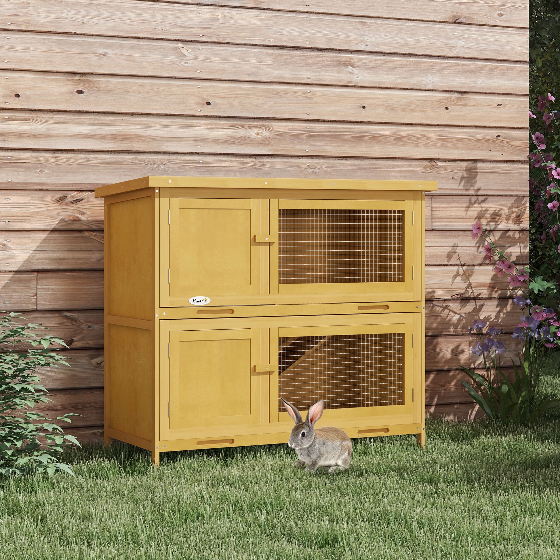 PawHut Two-Tier Rabbit Hutch, with Removable Trays, for 1-2 rabbits - Brown