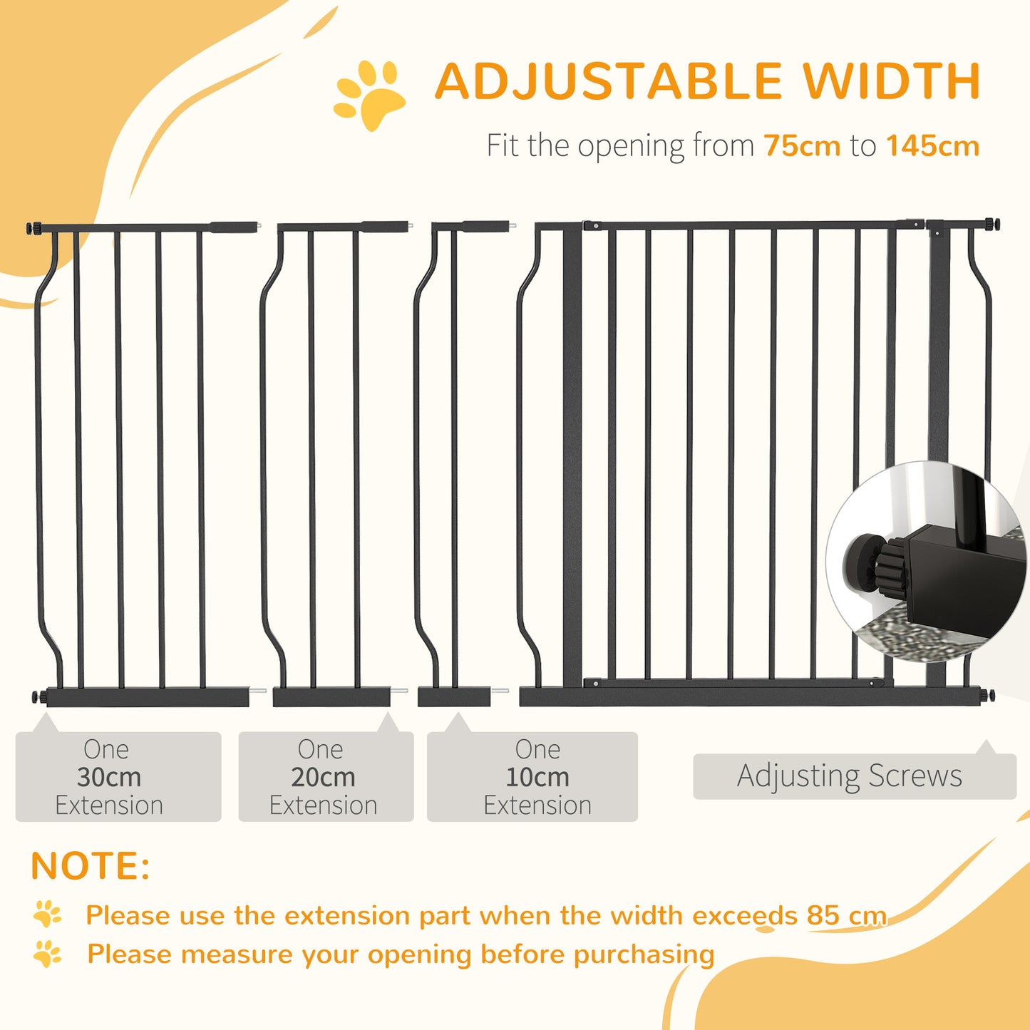 PawHut 75-145cm Dog Gate Extra Wide Stairway Gate for Pet,Pressure Fit Stair Gate for Doorways, Hallways, Staircases, Black