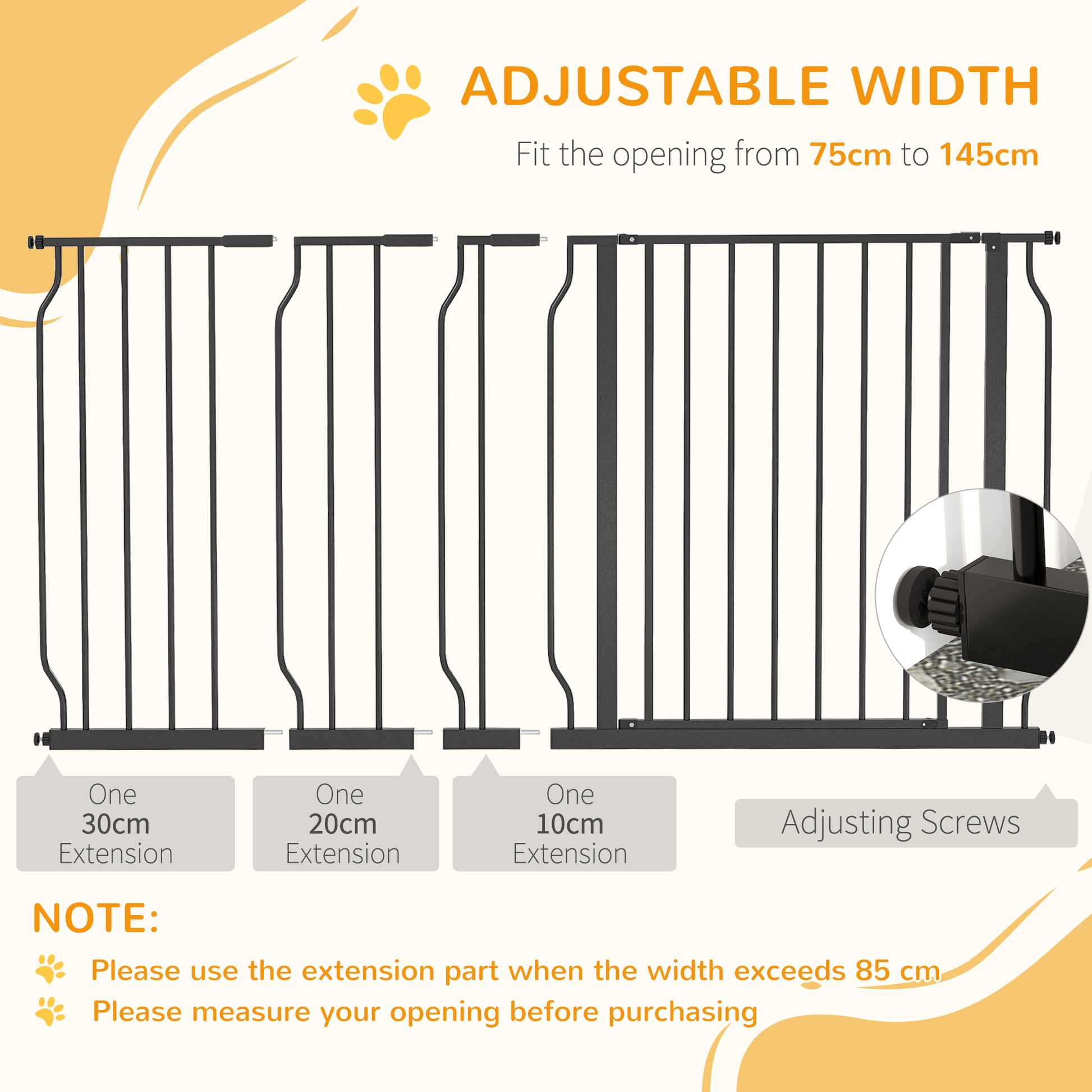 PawHut 75-145cm Dog Gate Extra Wide Stairway Gate for Pet,Pressure Fit Stair Gate for Doorways, Hallways, Staircases, Black