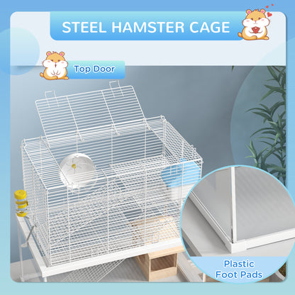 PawHut Gerbil Cage, Dwarf Hamster Cage w/ Deep Glass Bottom, Ramps Platforms Hut Exercise Wheel Water Bottle - White