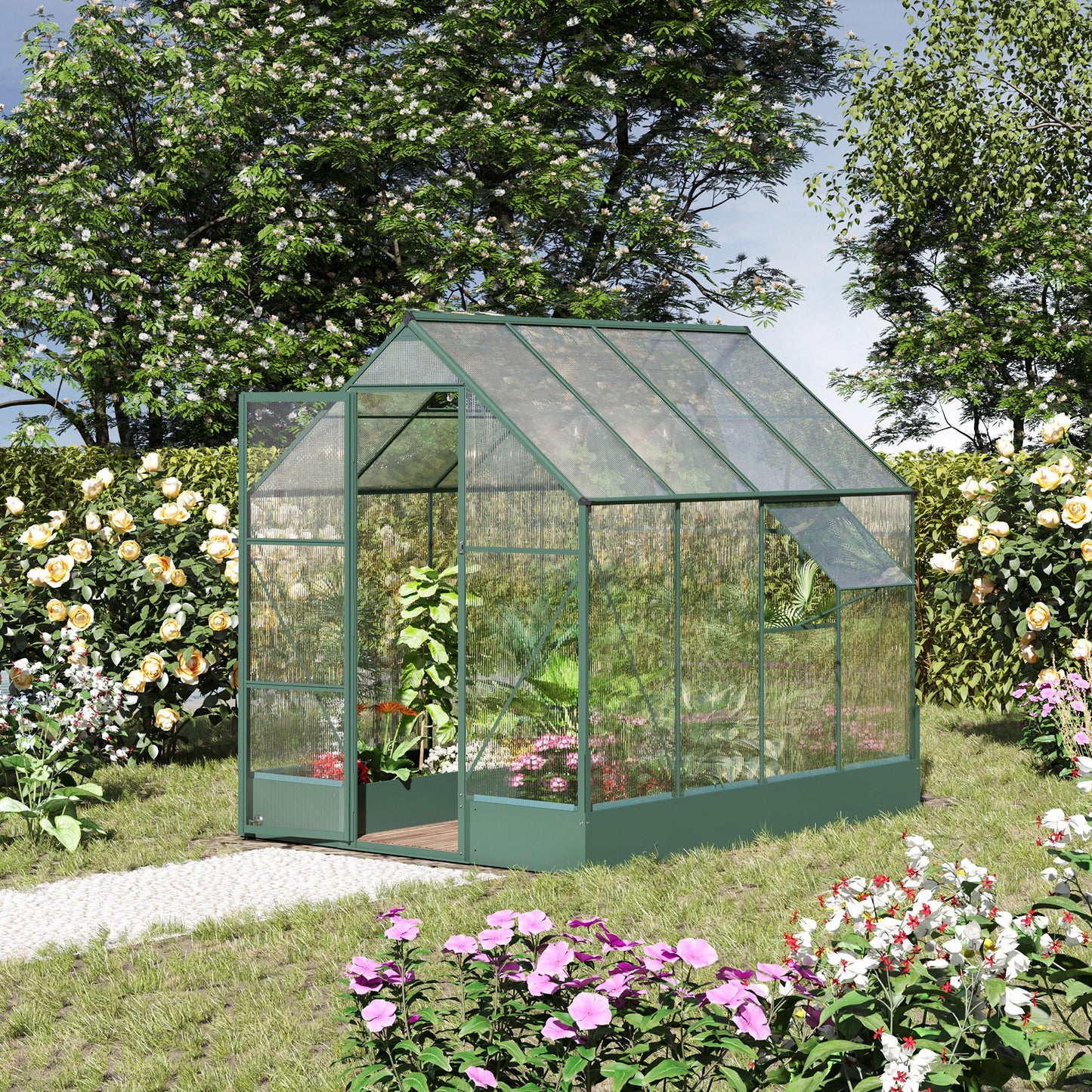 outsunny-garden-walk-in-aluminium-greenhouse-polycarbonate-with-plant-bed-temperature-controlled-window-foundation-6-x-8ft