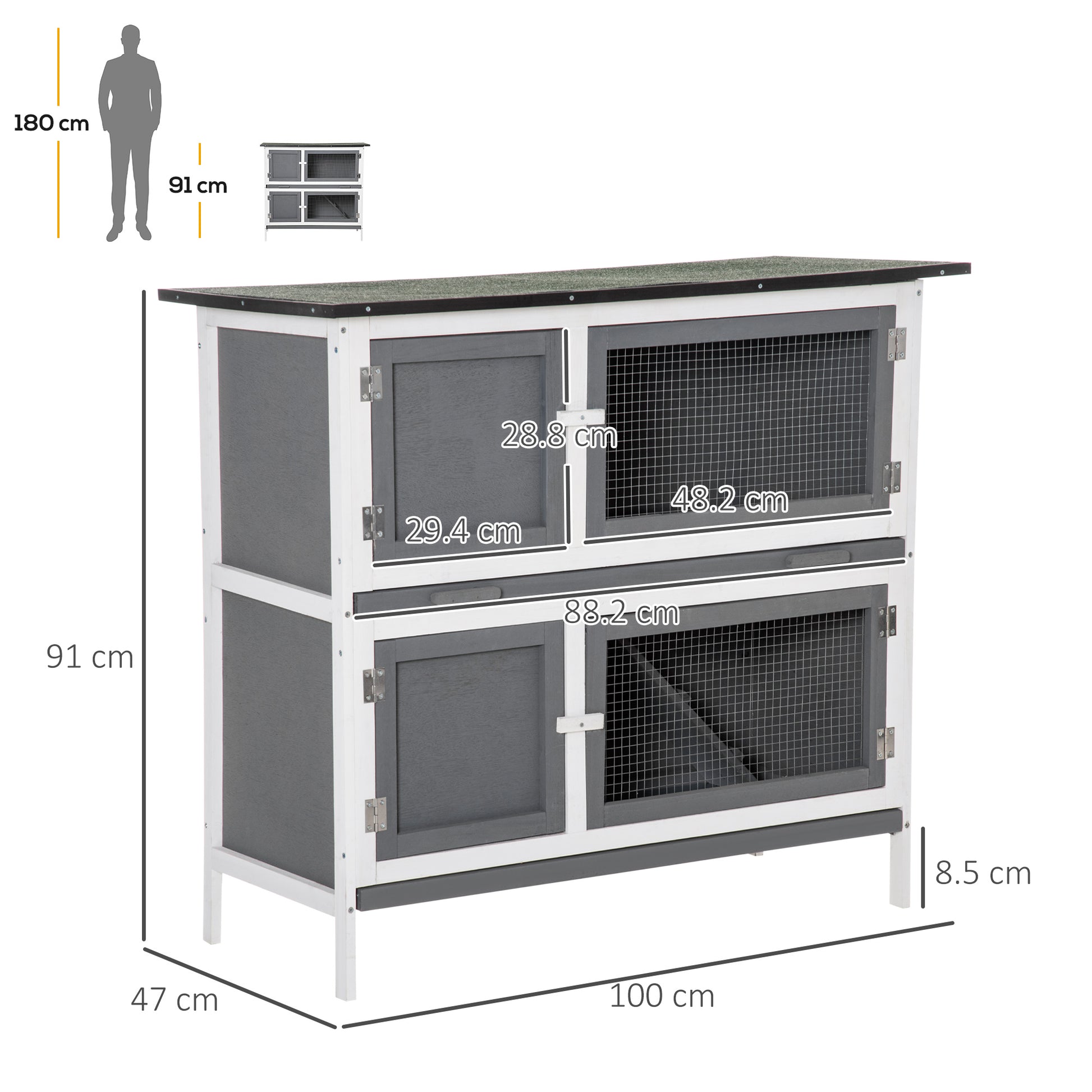 PawHut Double Decker Rabbit Hutch 2-Tier Guinea Pig House Pet Cage Outdoor with Sliding-out Tray Asphalt Roof Ramp, 100x47x91cm, Grey