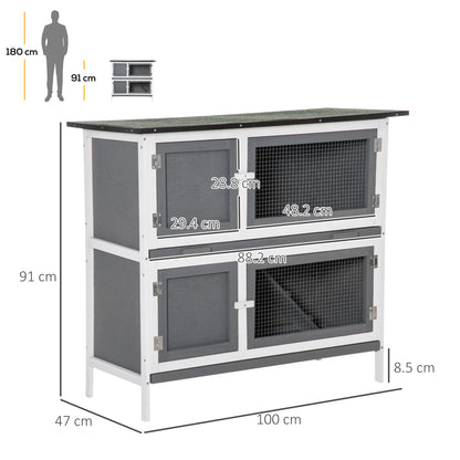 PawHut Double Decker Rabbit Hutch 2-Tier Guinea Pig House Pet Cage Outdoor with Sliding-out Tray Asphalt Roof Ramp, 100x47x91cm, Grey