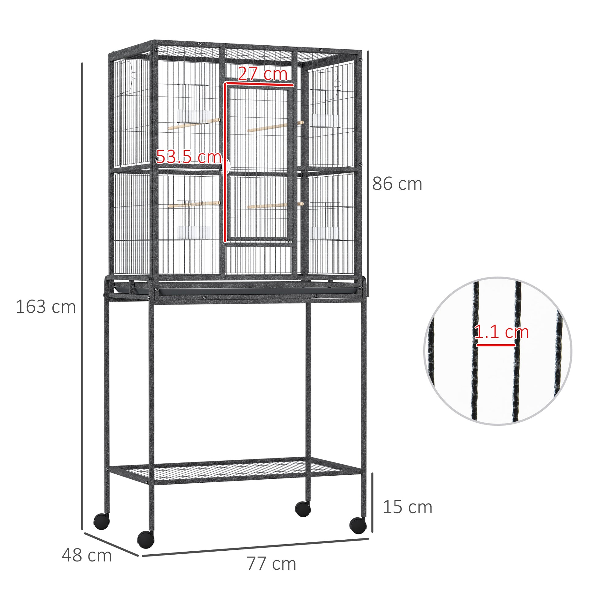 PawHut Bird Cage Metal Canary Cages for Parakeet with Detachable Rolling Stand, Storage Shelf, Wood Perch, Food Container