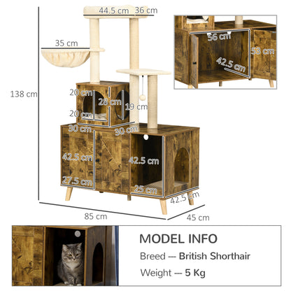 PawHut Cat Litter Box Enclosure, with Tree Tower, Cat House, Hammock, Cushion - Rustic Brown