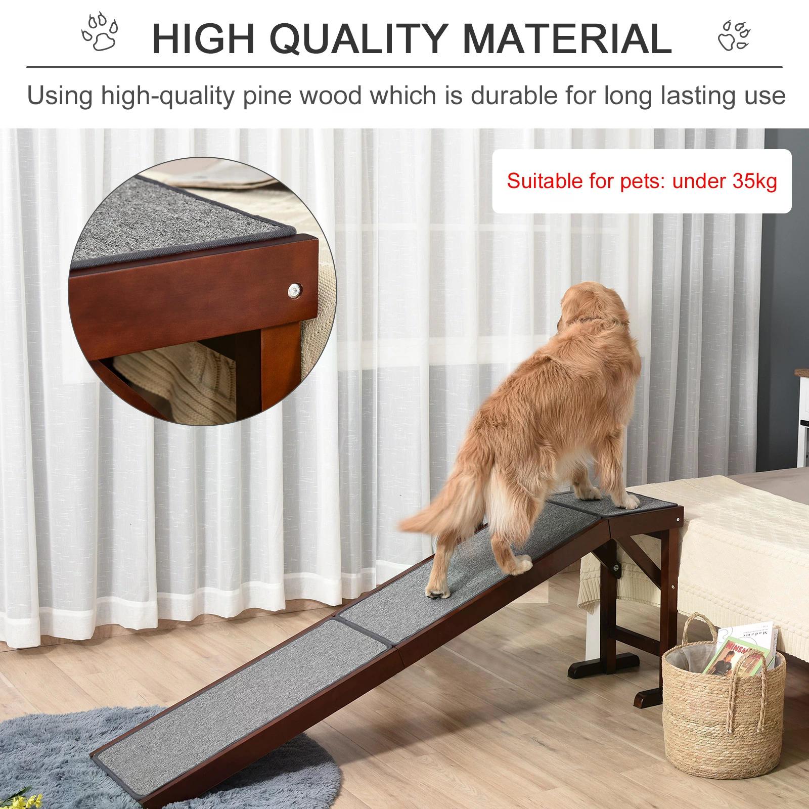 PawHut Pet Ramp for Dogs Non-slip Carpet Top Platform Pine Wood 188 x 40.5 x 63.5, Brown, Grey