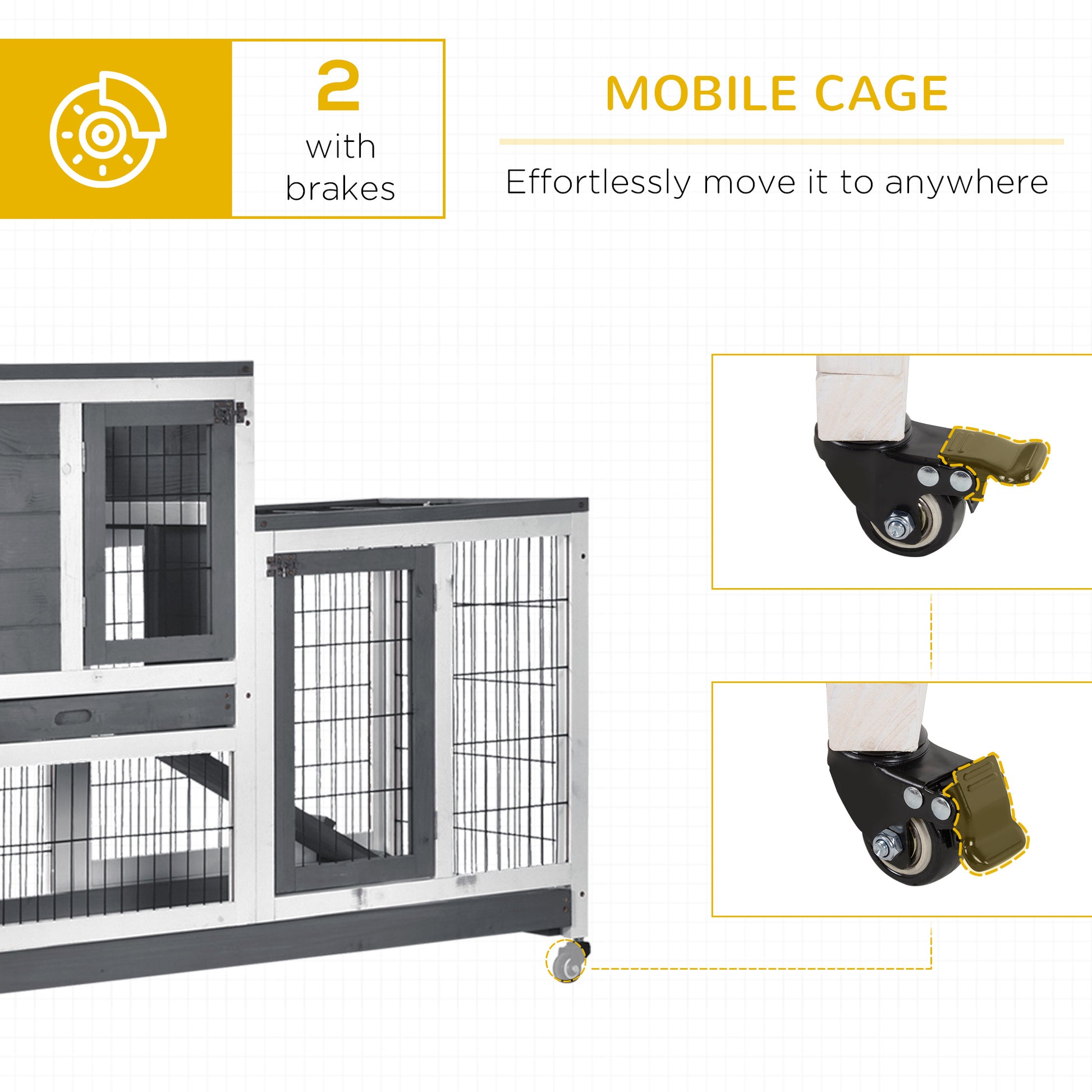 PawHut Indoor Wooden Rabbit Hutch Guinea Pigs House Bunny Small Animal Cage W/ Wheels Enclosed Run 110 x 50 x 86 cm