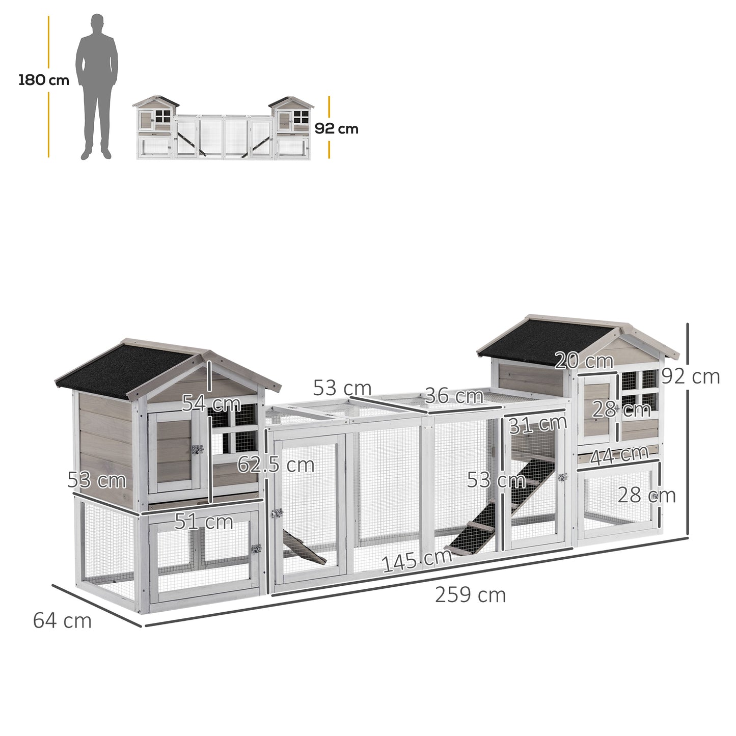 PawHut 2 in 1 Rabbit Hutch, Double Main House Guinea Pig Hutch, Wooden Small Animal House with Run Box, Slide-out Tray, Ramp, 259 x