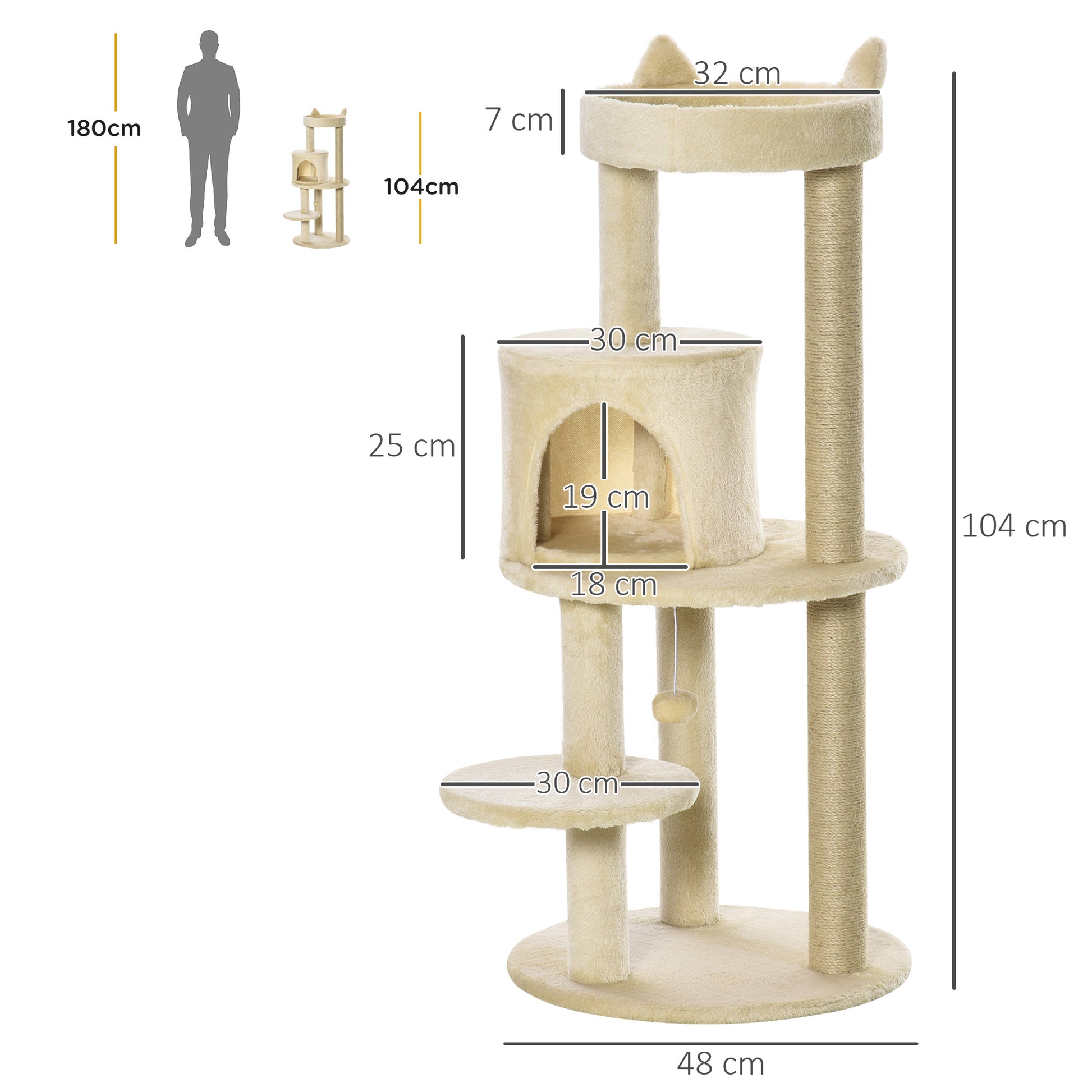 Pawhut Cat Tree Tower Scratching Post with Sisal Pet Activity Centre Beige 48 x 48 x 104cm