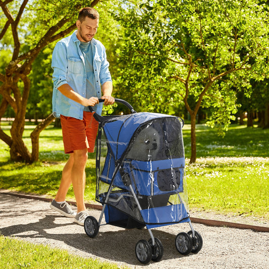 PawHut Dog Stroller with Rain Cover for Small Miniature Dogs, Folding Pet Pram with Cup Holder, Storage Basket, Reflective Strips, Blue