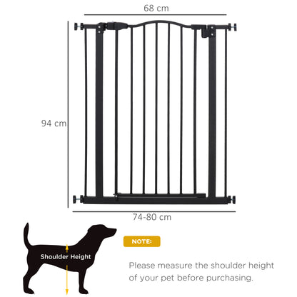 PawHut 74-84cm Adjustable Metal Pet Gate Safety Barrier w/ Auto-Close Door Double Locking Easy-Open Doors Stairs Home Frames Black