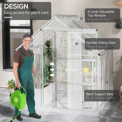 outsunny-6-x-6ft-walk-in-greenhouse-polycarbonate-greenhouse-with-sliding-door-window-aluminium-frame-foundation-silver