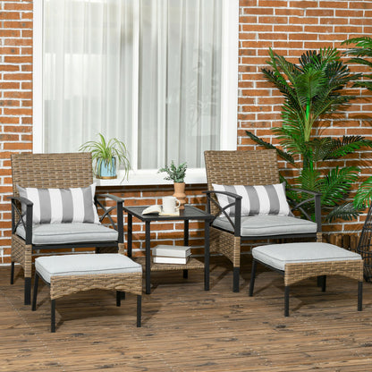 outsunny-5-piece-pe-rattan-garden-furniture-set-2-armchairs-2-stools-steel-tabletop-with-wicker-shelf-padded-outdoor-seating-grey