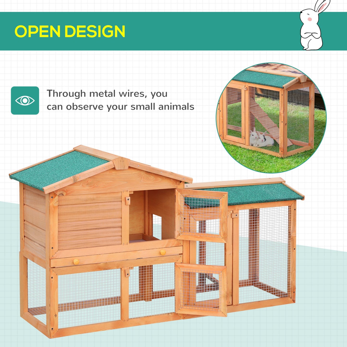 PawHut Rabbit 2 Tier Fir Wood Small Animal Hutch w/ Ramp Brown