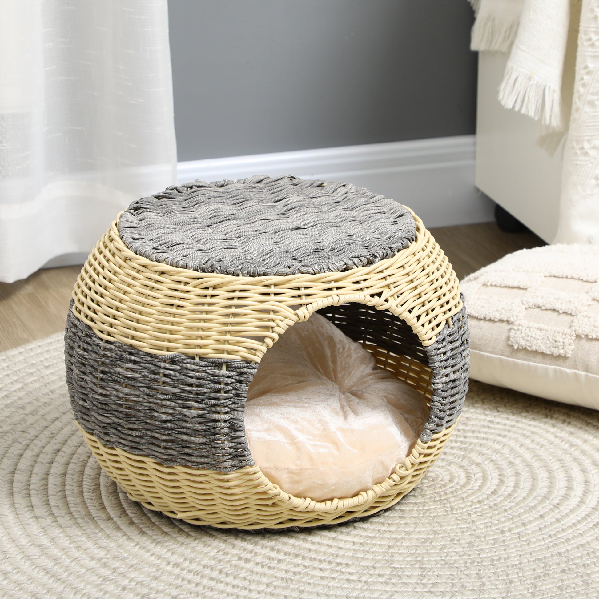 PawHut Wicker Cat House, Rattan Raised Cat Bed, Cosy Kitten Cave with Soft Washable Cushion, ?40 x 30cm