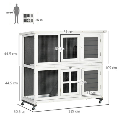 PawHut Wooden Rabbit Hutch with Wheels, Guinea Pig Cage, Small Animal House for Outdoor & Indoor with Slide-out Trays, 119 x 50.5 x 109cm, Grey