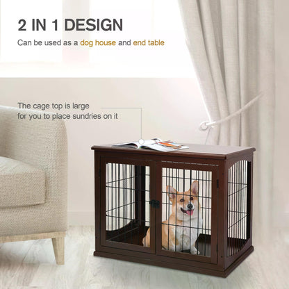 PawHut 66cm Modern Indoor Pet Cage w/ Metal Wire 3 Doors Latches Base Small Animal House Tabletop Crate Decorative Stylish Brown