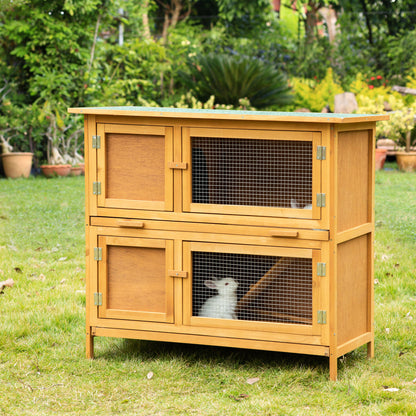 PawHut Double Decker Rabbit Hutch 2-Tier Guinea Pig House Pet Cage Outdoor with Sliding-out Tray Asphalt Roof Ramp, 100x47x91cm, Yellow